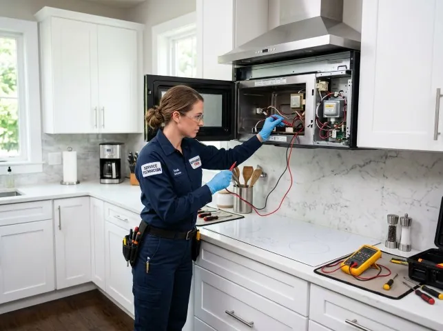 Appliance Repair Hero technician testing an over-the-range microwave in a Brookeville, MD kitchen