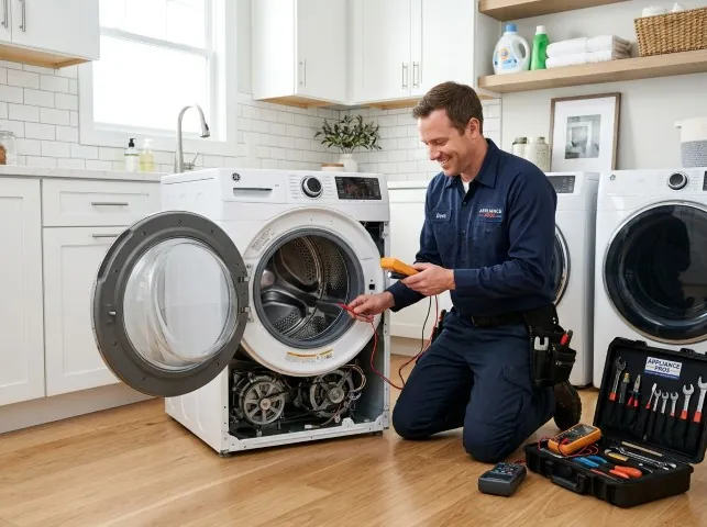 Appliance Repair Hero technician testing a front-load washer with a multimeter on a Brookeville, MD service call